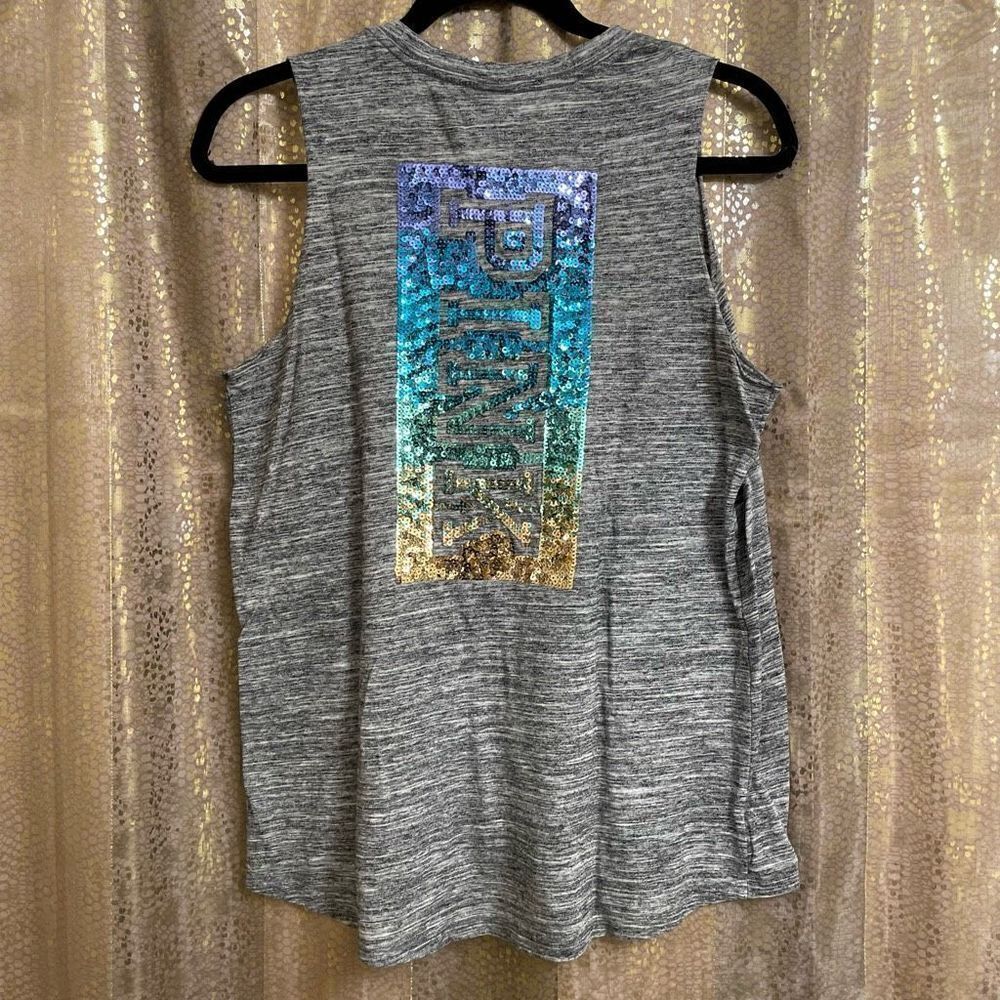 PINK Victorias Secret Gray Sequin Bling Colorful Ombre Tank Top, Small